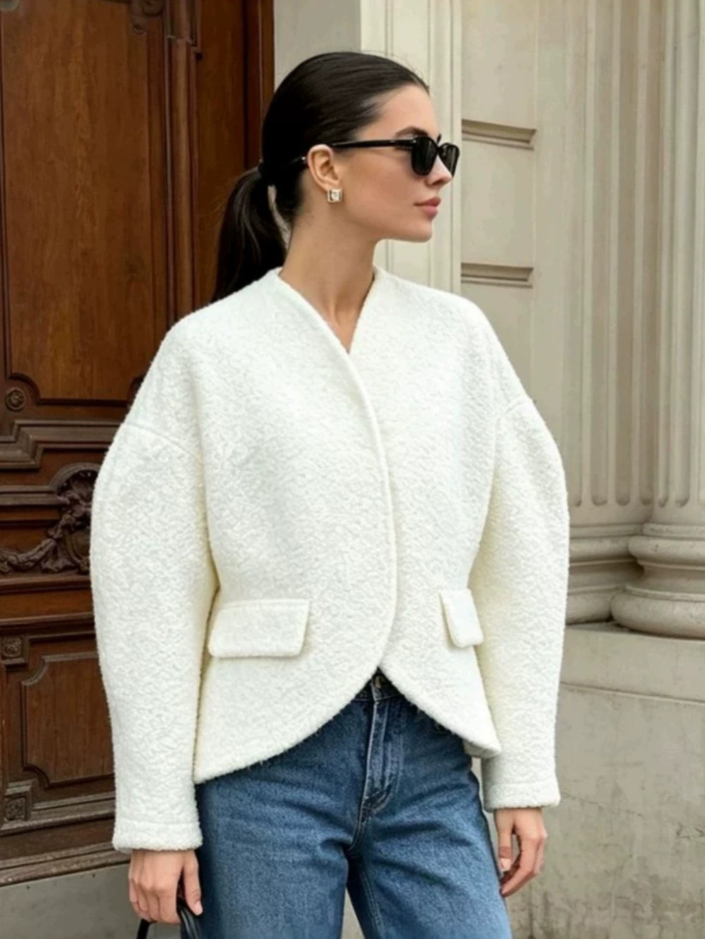 Forever 21 Casual Puff Sleeve Wool Jacket Autumn Winter White Loose Thick